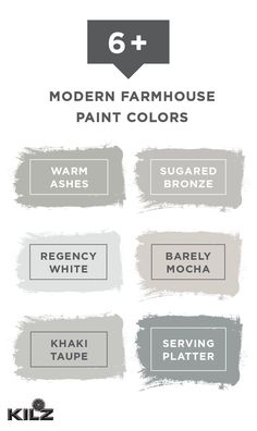 six different shades of gray paint with the words modern farmhouse paint colors written in black and white