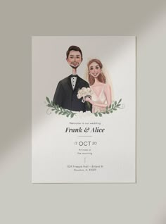 a wedding card with an image of a bride and groom