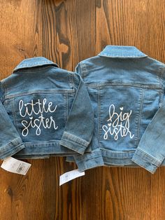 Big Sister & Little Sister Matching Jackets! Great way to make a birth announcement or have your girls matching. Perfect gift for sisters! Customizable Cute Fall Outerwear, Fall Long Sleeve Outerwear For Birthday, Cute Fall Outerwear, Spring Birthday Long Sleeve Outerwear, Customizable Cotton Long Sleeve Outerwear, Matching Jackets, Big Sister Little Sister, Birthday Gift Cards, Big Sis