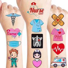 two hands with tattoos on them and one has an arm that has various medical symbols