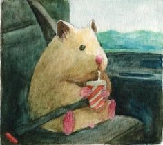 a drawing of a hamster sitting in a car holding a drink and looking out the window