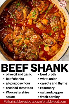 the beef shank recipe is shown in this poster