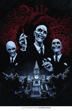 an advertisement for the vampire slayers featuring three men in front of a clock tower