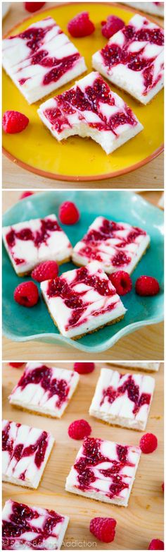 raspberry cheesecake squares on a yellow plate