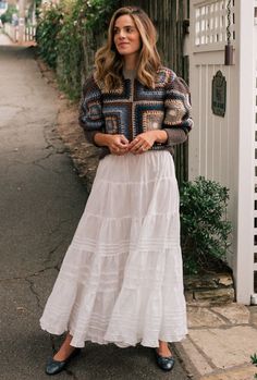 Tiered Skirt Outfit Fall, Tiered Maxi Skirt Outfit Fall, Long Tiered Skirt Outfit, Prairie Skirt Outfit, White Tiered Skirt Outfit, Tiered Maxi Skirt Outfit, Layered Skirt Outfit, Tiered Skirt Outfit, Short Tiered Dress