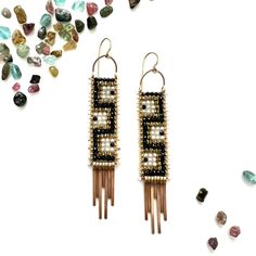 Meander Tapestry Earrings Artisan Gold Earrings With Beaded Fringe, Gold Artisan Beaded Fringe Earrings, Artisan Gold Jewelry With Fringe, Artisan Gold Tassel Earrings, Elegant Handwoven Black Beaded Earrings, Elegant Black Handwoven Beaded Earrings, Artisan Gold Jewelry With Tassels, Demimonde Jewelry, Tapestry Earrings