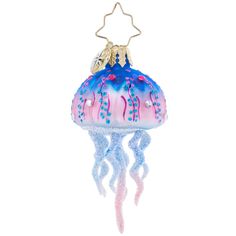 an ornament shaped like a jellyfish with blue, pink and white designs