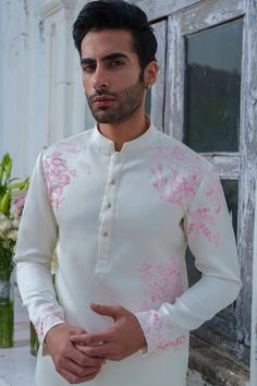 Ivory and pink full sleeves kurta with forest alchemy hand painted detailing. Paired with an ivory trouser. - Aza Fashions Ceremonial Cream Long Sleeve Kurta, Ceremonial Long Sleeve Cream Kurta, Ceremonial Off White Long Sleeve Kurta, White Kurta With Embroidered Sleeves, White Embroidered Unstitched Kurta, Festive White Kurta With Embroidered Sleeves, White Embroidered Sleeves Straight Kurta, Eid White Kurta With Embroidered Sleeves, Long Sleeve White Kurta For Traditional Ceremonies