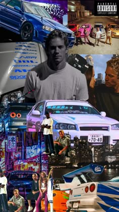 a collage of photos with cars and people in the background, including a man standing next to a car