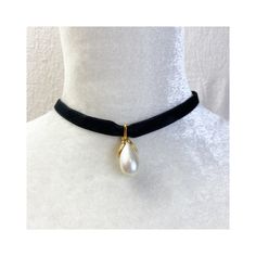 Teardrop shaped faux pearl held to the bale by a gold tone leaf shaped component strung on a black velvet ribbon Signed MMA 1994 Velvet ribbon can be tied at any length from choker to about 24" Gold Choker With Pearl Charm For Party, Elegant Adjustable Teardrop Choker, Black Velvet Ribbon, Ribbon Necklace, Velvet Ribbon, Columbus, Black Velvet, Faux Pearl, Favorite Jewelry