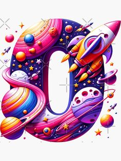 the letter o is made up of colorful planets and stars, with an outer space theme