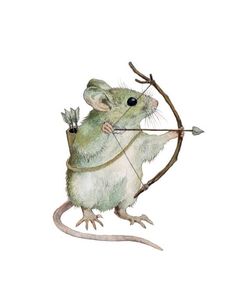 a watercolor drawing of a mouse with an arrow in it's hand, aiming at something