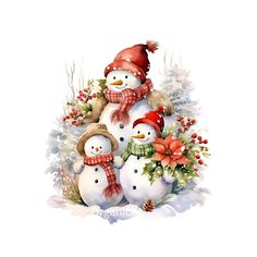 three snowmen with hats and scarfs on top of each other in the snow