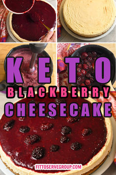 there is a cake with berry toppings on it and the words keto blackberry cheesecake