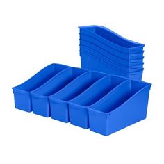 blue stacking bins stacked on top of each other in front of a white background