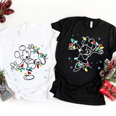 Mickey Minnie Christmas Lights Shirts Mickeys Christmas Party, Mickey Minnie Christmas, Diy Christmas Shirts, Disney Themed Outfits, Christmas Cruises, Disney Vacation Shirts, Minnie Christmas, Disneyland Outfits