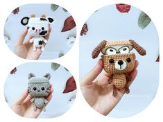 three pictures of small crocheted animals in different poses, one with an owl and the other with a dog