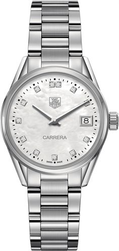 WAR1314.BA0778 TAG HEUER CARRERA WOMEN'S WATCH - With Manufacturer Serial Numbers - Swiss Made - Mother of Pearl White Dial Set with Diamonds - 12 Top Wesselton Diamond Hour Markers - Total Diamond Weight: .10ct - Minute Markers Around Outer Rim - Polished Stainless Steel Bezel - Date Feature     Hand-Applied Date Window Located at 3 O'Clock Position - End of Life Indicator (EOL) - Battery Operated Quartz Movement - 3 Year Warranty - Guaranteed Authentic - Certificate of Authenticity - Manufacturer Box & Manual - Polished Stainless Steel Case - Polished with Brushed Stainless Steel Bracelet - Scratch Resistant Sapphire Crystal - 100 Meters / 330 Feet Water-Resistant - 32mm = 1 1/4" Case, 6" Adjustable Bracelet - Case Thickness: 9mm - Inlet Size: 15mm - Fixed Bezel - Stainless Steel Solid C Tag Heuer Women, Carrera Watch, Heuer Carrera, Swiss Army Watches, Tag Heuer Carrera, Tag Heuer Watch, Rose Gold Watches, Casual Watches, Tag Heuer