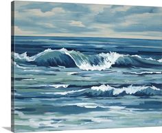 an ocean painting with waves crashing on the shore and clouds in the sky above it