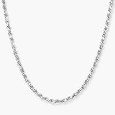 This 2.5mm Silver Rope Chain is Solid Sterling Silver. This silver rope chain necklace is diamond cut to give off a luxurious glow from every angle. White Gold Rope Chain Necklace, Classic Link Chain Necklace With Rope Detail, Classic Rope Chain Link Necklace, Classic Link-style Rope Chain Necklace, White Gold Round Rope Chain Necklace, Classic Stainless Steel Necklace With Solid Links, Silver Rope Chain Necklace For Formal Occasions, Formal Silver Rope Chain Necklace, Classic Rope Chain Necklace With Oval Link