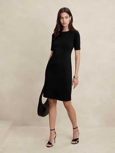 Scuba Seamed Knee-Length Dress | Banana Republic Factory Sleek Office Dresses, Sleek Elastane Office Dress, Elegant Bodycon Dress For Work, Sleek Fitted Short Sleeve Bodycon Dress, Elegant Elastane Bodycon Dress For Work, Sleek Fitted Solid Color Dresses, Chic Fitted Structured Bodycon Dress, Chic Structured Fitted Bodycon Dress, Elegant Workwear Dress