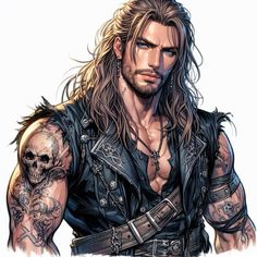 a drawing of a man with long hair and tattoos on his arm, wearing a leather vest