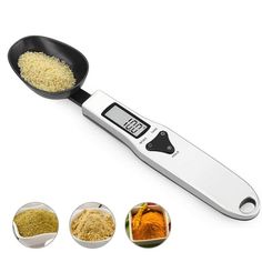 a digital kitchen scale with measuring spoons and seasonings in front of it on a white background