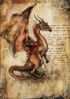 a painting of a dragon sitting on top of a piece of paper with writing in it