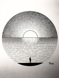 a drawing of a person standing in front of an ocean with the sun setting behind them