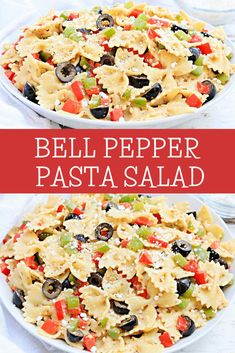 bell pepper pasta salad with olives and peppers in a white bowl on a table