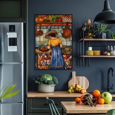 a woman in a blue dress is standing near a table with fruit and vegetables on it