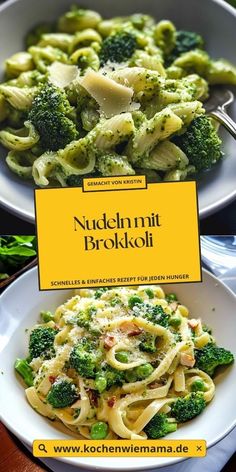 two plates with pasta and broccoli on them