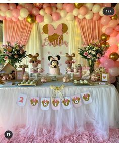 a minnie mouse birthday party with balloons and decorations