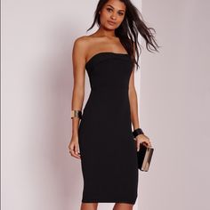 Sexy Strapless Black Midi Bodycon Dress! Glamorous Black Bandage Dress For Date Night, Black Strapless Cocktail Bodycon Dress, Chic Knee-length Strapless Dress For Night Out, Chic Strapless Knee-length Dress For Night Out, Bodycon Dress With Straight Neckline For Night Out, Elegant Midi Strapless Dress For Club, Chic Strapless Bandage Dress For Club, Chic Bodycon Bandage Dress For Night Out, Glamorous Black Strapless Bodycon Dress