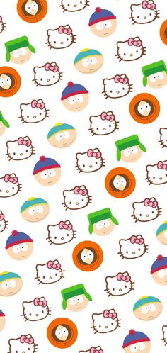 the hello kitty wallpaper has many different faces on it, including one with a green hat