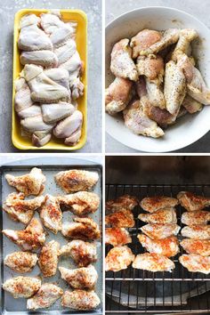 four different stages of cooking chicken in the oven and then being cooked on the grill