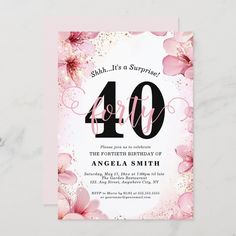 a pink floral birthday party card with the number forty on it