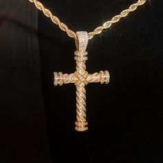 Introducing the Diamond Rope Cross Pendant in 18k Yellow Gold, a GLD exclusive! Featuring hand-set stones in a twisted rope design, this piece is fully iced out and carefully crafted. Wear this pendant with our Rope Chain in 4mm to upgrade your look and make a statement! This product is guaranteed for life - GLD will repair the item should you experience any defects in craftsmanship or breakage. Specifications - 38mm x 50mm (Width x Height) - Bail: Fits up to 8.5mm Chains - Weight: (Weight can v Rope Cross, Upgrade Your Look, Rope Design, Rope Chain, Custom Engraving, Cross Pendant, Precious Metals, For Life, Gold Chains