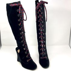 Prada Runway Boots From Fall 2016! Featured In The Neiman Marcus Holiday Look Book. Super Sexy Worn With A Mini Skirt! Open Heel Style. Has Extra Laces To Replace With All Black Ones. Comes With Original Box And Dust Bag Heel Height 4.5 Inches Eur 37.5 Made In Italy Designer Black Knee-high Heeled Boots, Velvet Runway, Tall Combat Boots, Prada Runway, Platform Boots Chunky, Summer Boots, Open Toed Heels, Black Suede Boots, Lace Up Booties