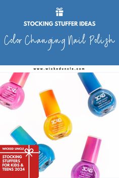 Orange, blue, purple and pink nail polishes Nail Polish For Kids, Color Changing Nail Polish, Kids Nail Polish, Color Change Nail Polish, Color Changing Nails, Salon Style