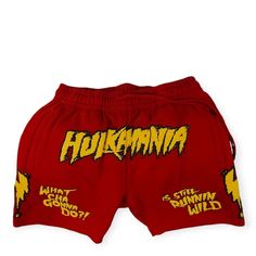 shoe palace | Shorts | Sp X Wwe Hulkamania Lightning Fleece Mens Lifestyle Shorts | Poshmark Red Athleisure Athletic Shorts For Streetwear, Casual Red Shorts With Graphic Print, Red Cotton Athletic Shorts For Streetwear, Shoe Palace, Men's Shoe, Mens Lifestyle, Red Yellow, Wwe, Palace