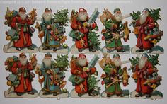 twelve santa claus figurines with christmas trees