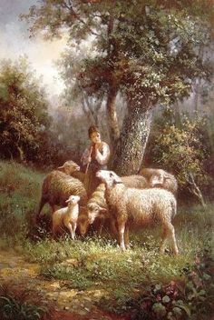 a painting of a boy with sheep in a field