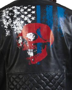 Black Biker Jacket with American Flag and Skull Live the spirit of the US with AlexGear American flag skull jacket. Made for all our patriots who love their country, this black jacket features a printed American flag with a red skull and is the perfect way to showcase your devotion while embarking on a new biking journey, exploring unseen paths, or simply enjoying a new adventure. Ensuring quality and durability, this American flag skull jacket is constructed utilizing genuine leather for resilience and an unmatched aura. The soft, supple material drapes the body, contributing to a fit, smart, and visually appealing structure. The printed blue, white, and red design creates a striking contrast against the black exterior, making it a standout piece in your collection. Boast urban flair wher Black Biker Outerwear For Halloween, Black Leather Jacket For Halloween Streetwear, Black Biker Jacket With Graphic Print, Black Rocker Outerwear For Halloween, Black Rocker Style Outerwear For Halloween, Halloween Rocker Style Black Outerwear, Punk Biker Jacket With Graphic Print For Biker Events, Black Biker Jacket For Halloween Streetwear, Biker Outerwear With Skull Print For Fall