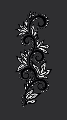 a black and white floral design on a dark background, with swirls and dots