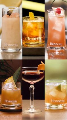 four different types of drinks in glasses on a table with the names hennesy, hennesy and hennesy