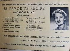 an old recipe card from the 1950's with a photo of mrs macaroni salad