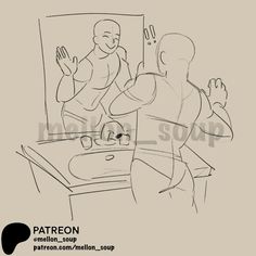 a drawing of two people in front of a mirror with one person looking at his reflection