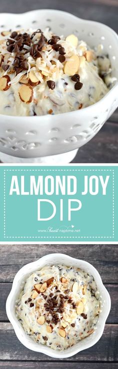 almond joy dip recipe in a white bowl