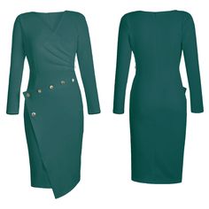 Asymmetric Button Detail Cobalt Dark Green Ruched Midi Dress Fitted Long Sleeve Dress With Side Buttons, Asymmetrical Buttoned Work Dress, Asymmetrical Buttoned Workwear Dress, Asymmetrical Button Dress For Work, Elegant Asymmetrical Dress With Buttons, Chic Asymmetrical Dresses With Buttons, Elegant Dress With Buttons And Asymmetrical Hem, Elegant Dress With Asymmetrical Hem And Buttons, Elegant Fall Dress With Side Buttons